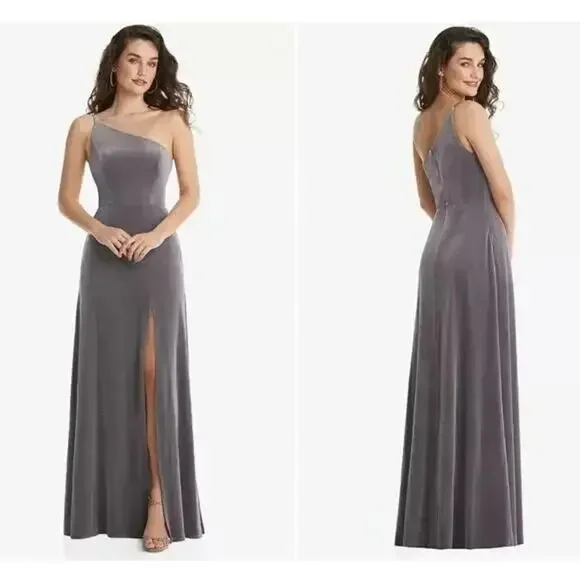 NWT After Six One Shoulder Spaghetti Strap Velvet Maxi Gown Dress 14 Caviar Gray - Picture 1 of 15